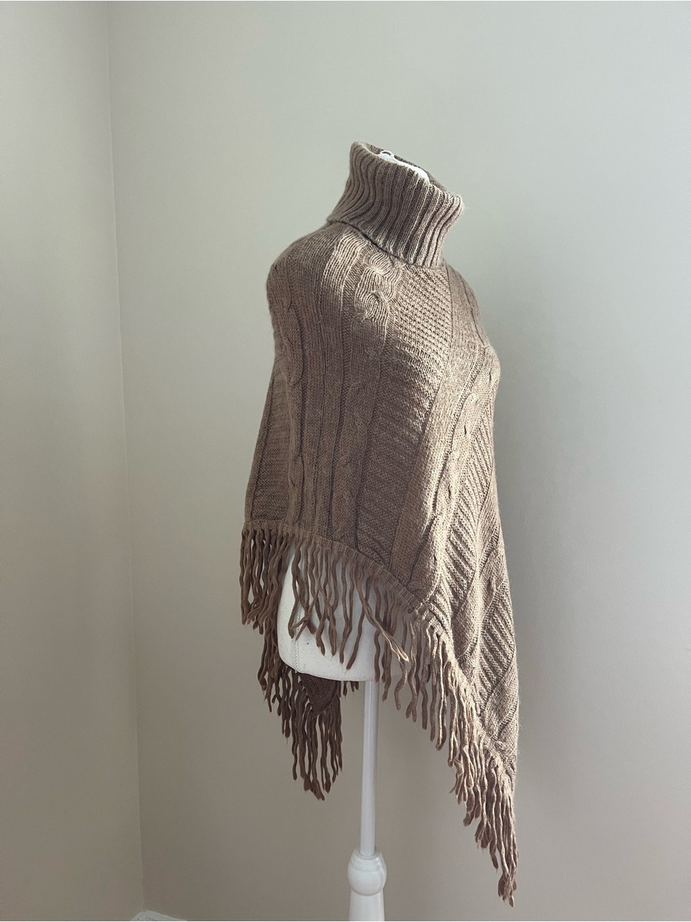 Turtleneck Fringe Poncho Sweater - Taupe